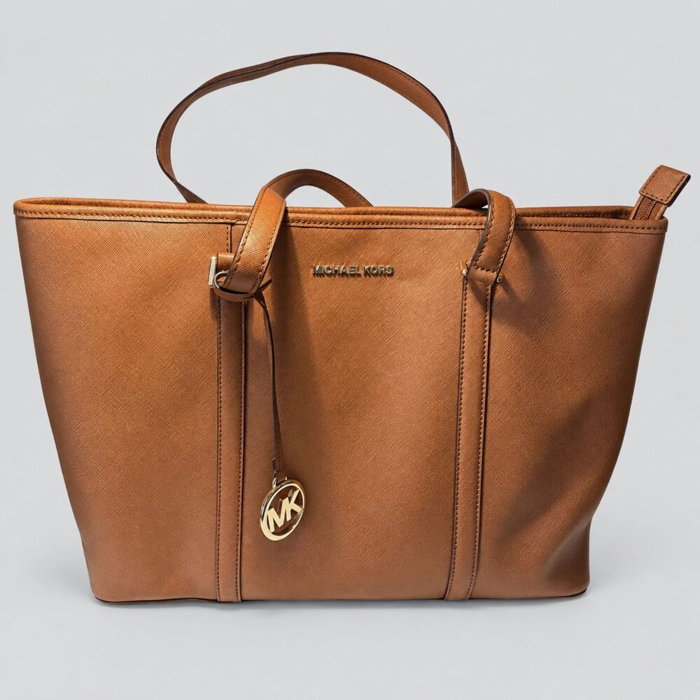 Michael Kors Cognac Saffiano Leather Tote Gold Charm Quiet Luxury Work Bag